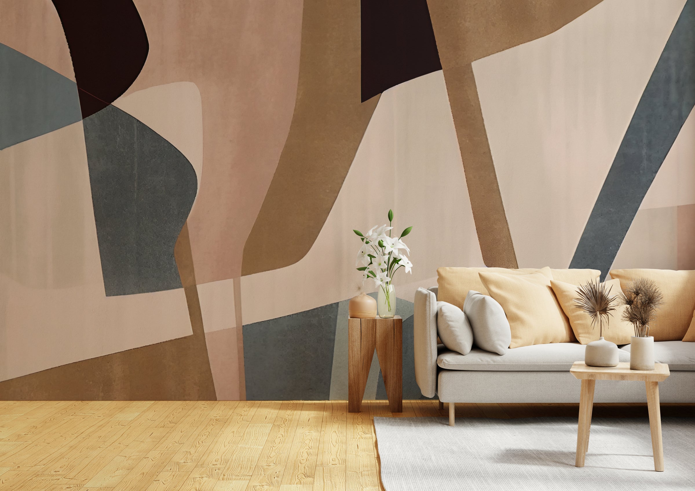 Soft watercolor line design with expressive abstract forms creating calming yet stylish bedroom backdrop.