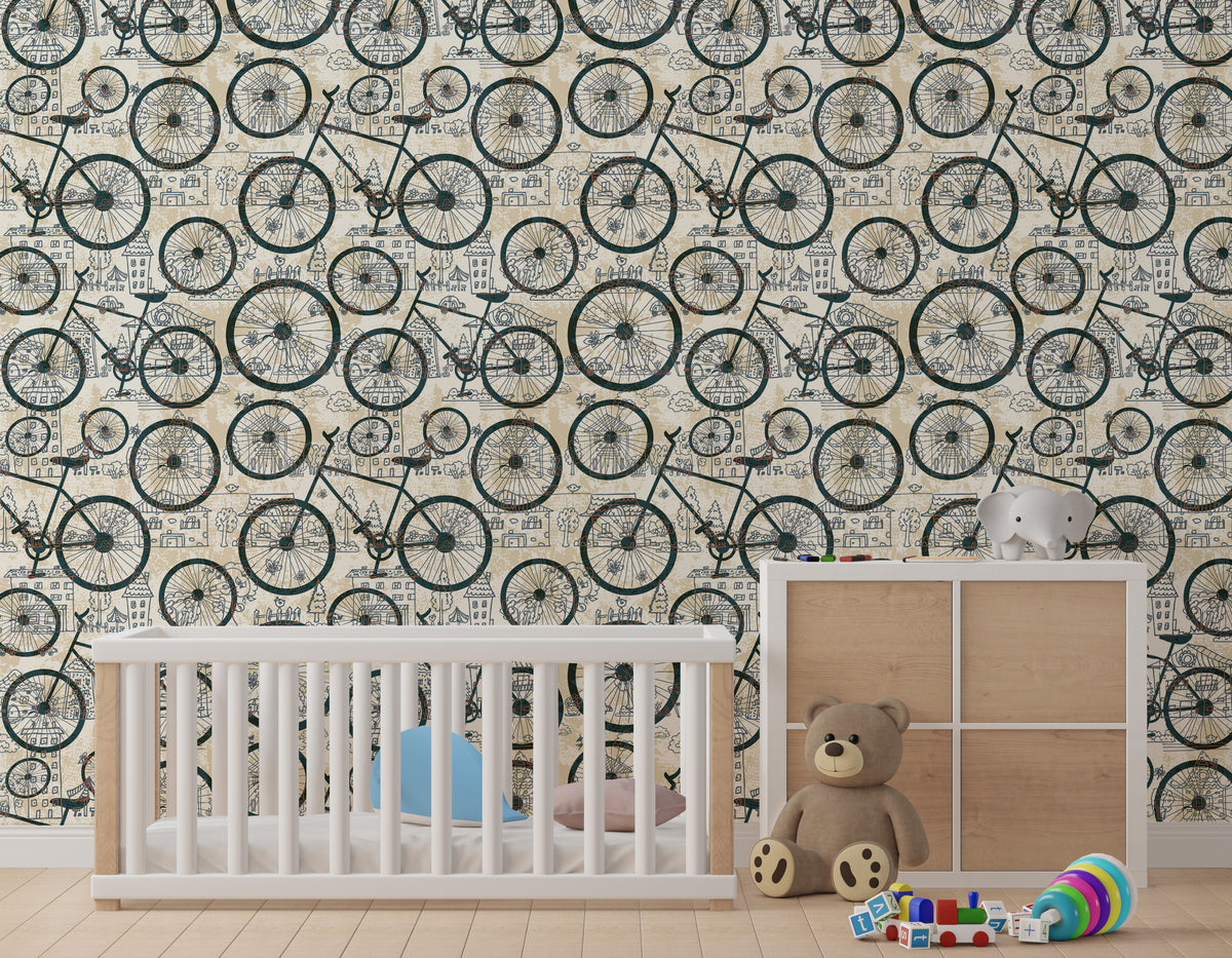 Bicycle Retro Kids Room Wallpaper Beige Black Nursery Self-Adhesive Wall Decor