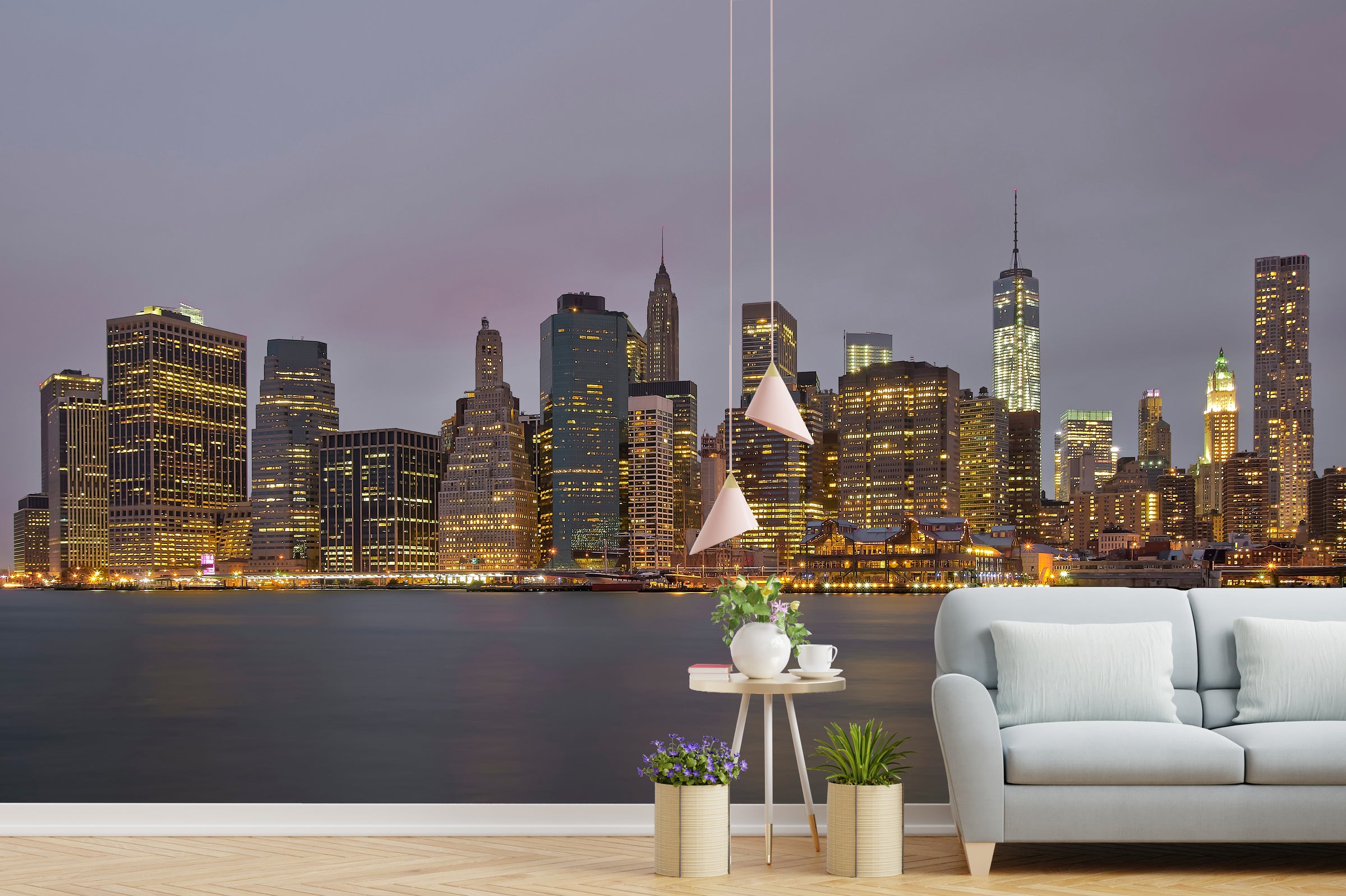 Modern guest room interior showcasing dramatic illuminated skyscraper skyline mural with calm harbor foreground.