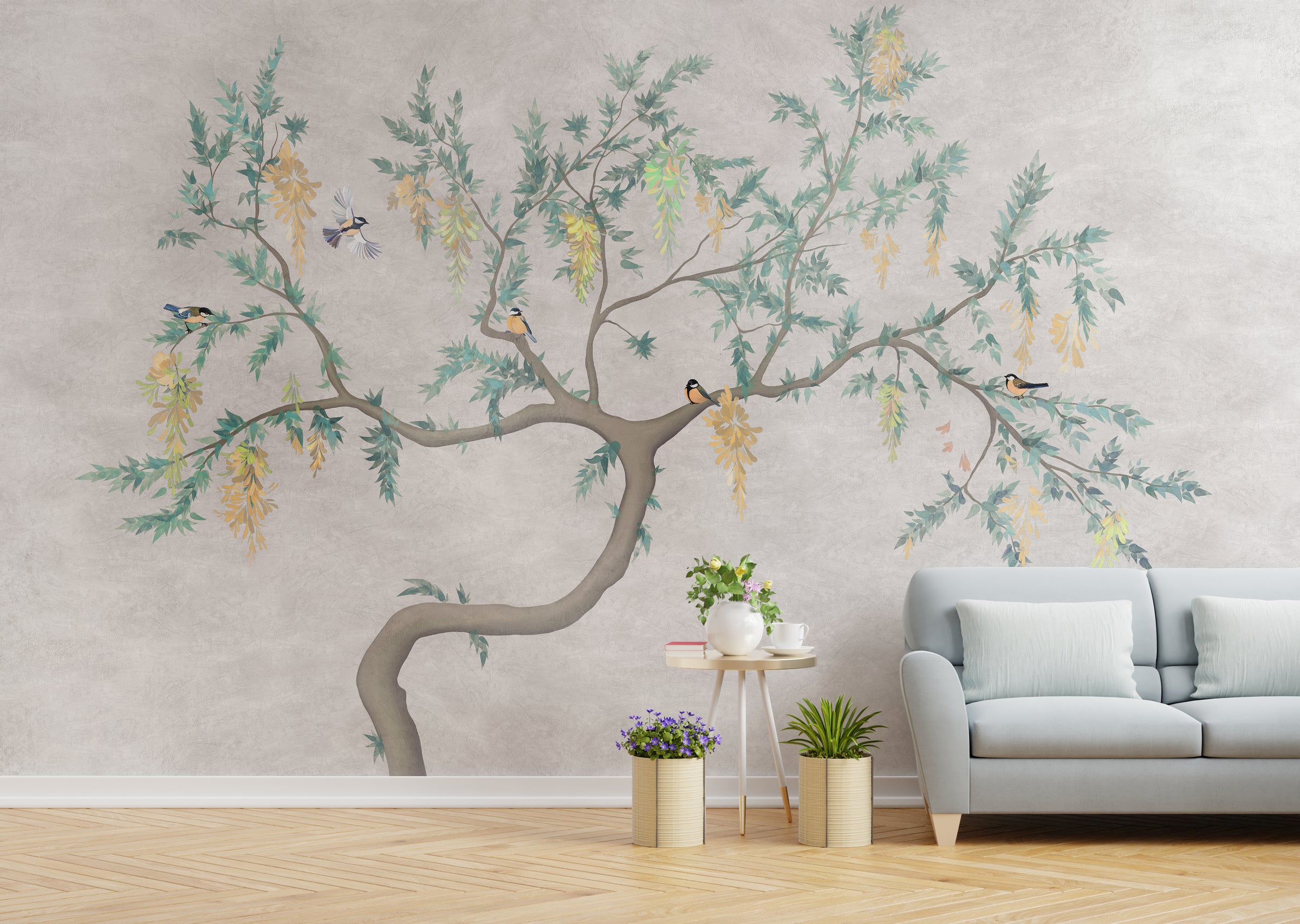 Flowering Tree Birds Japandi Wallpaper | Beige Peel-and-Stick Nature Mural