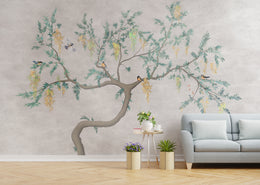 Flowering Tree Birds Japandi Wallpaper | Beige Peel-and-Stick Nature Mural