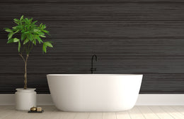 Matte black timber-inspired wallpaper bringing refined contrast and elegant warmth to a dining area interior.