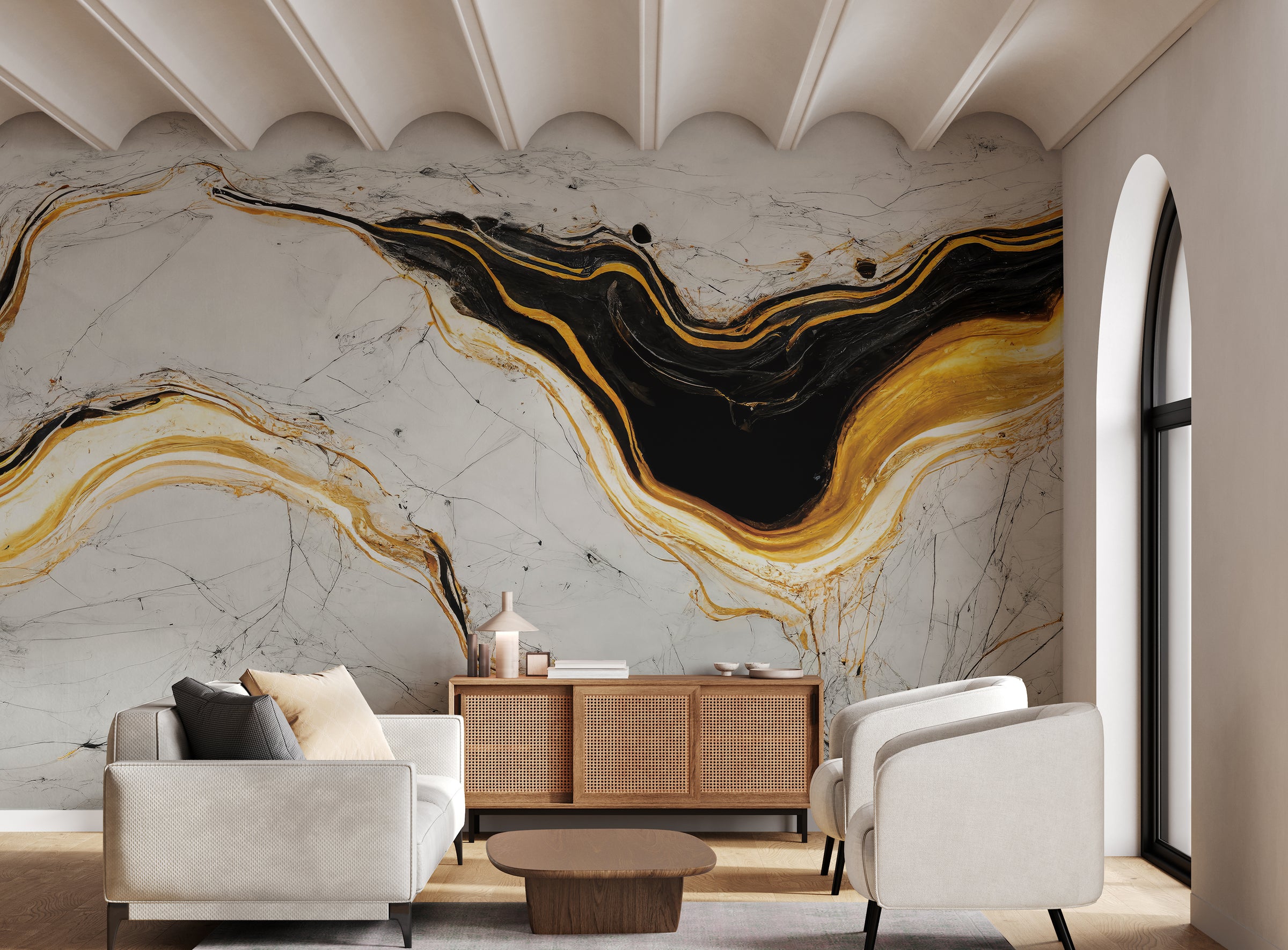 Black gold marble wallpaper with bold fluid veins elevating modern living room decor