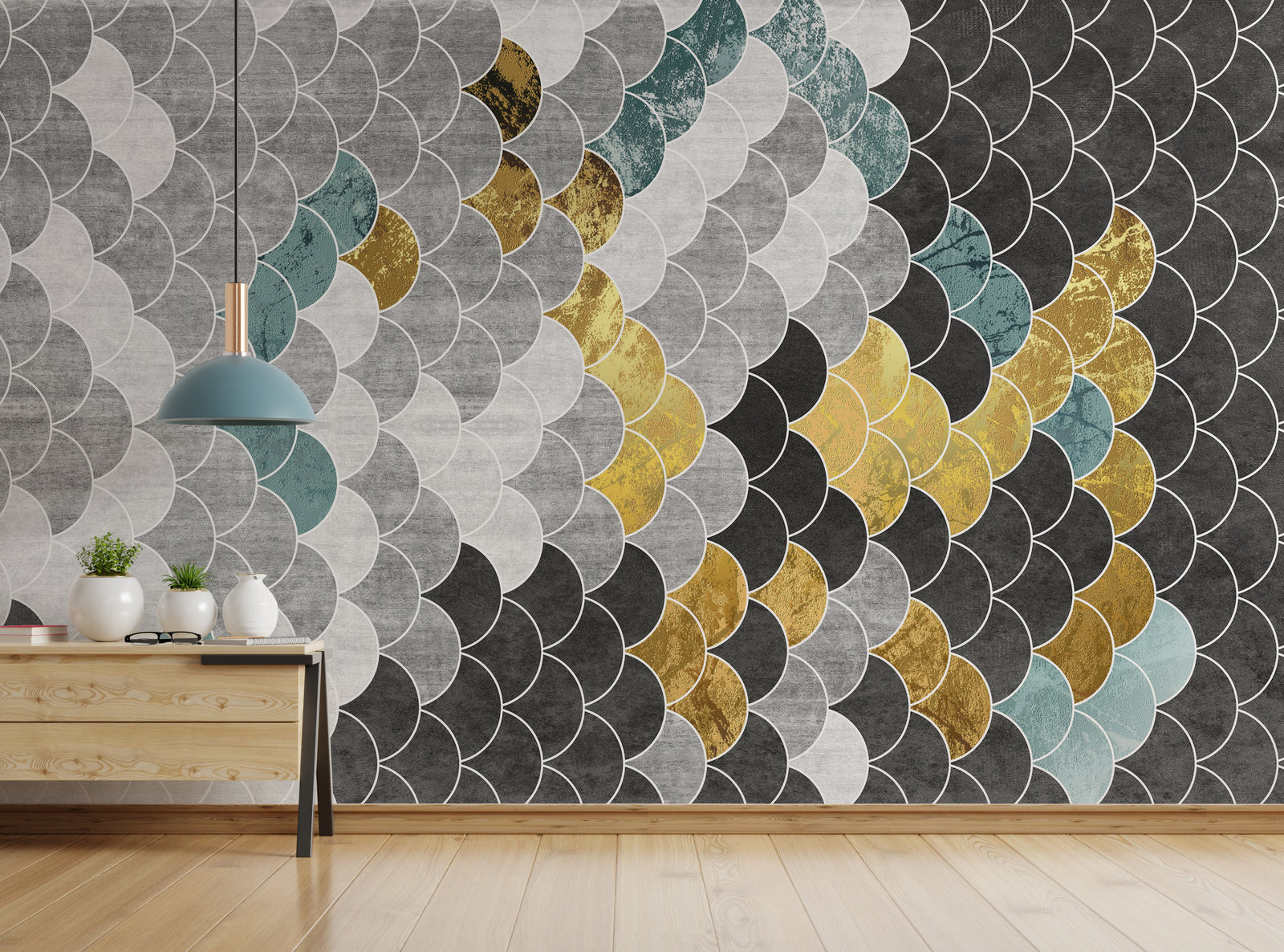Blue Anaglyph Gold Hexagonal Geometric Abstract Wallpaper