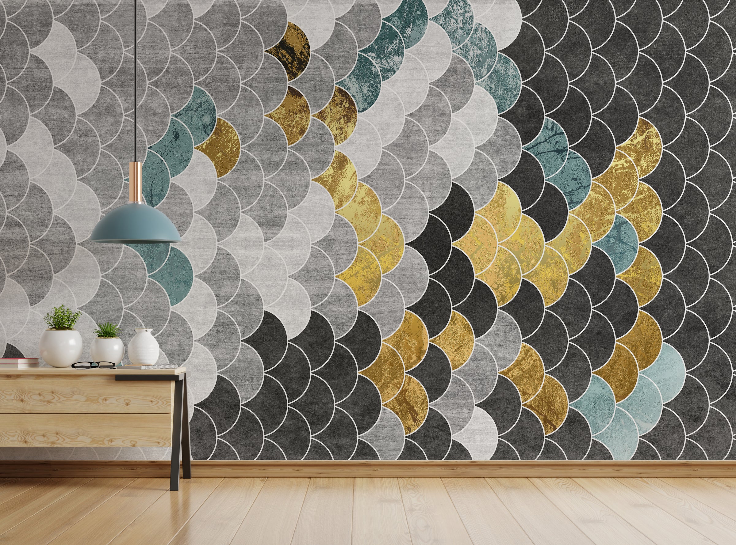 Blue Anaglyph Gold Hexagonal Geometric Abstract Wallpaper