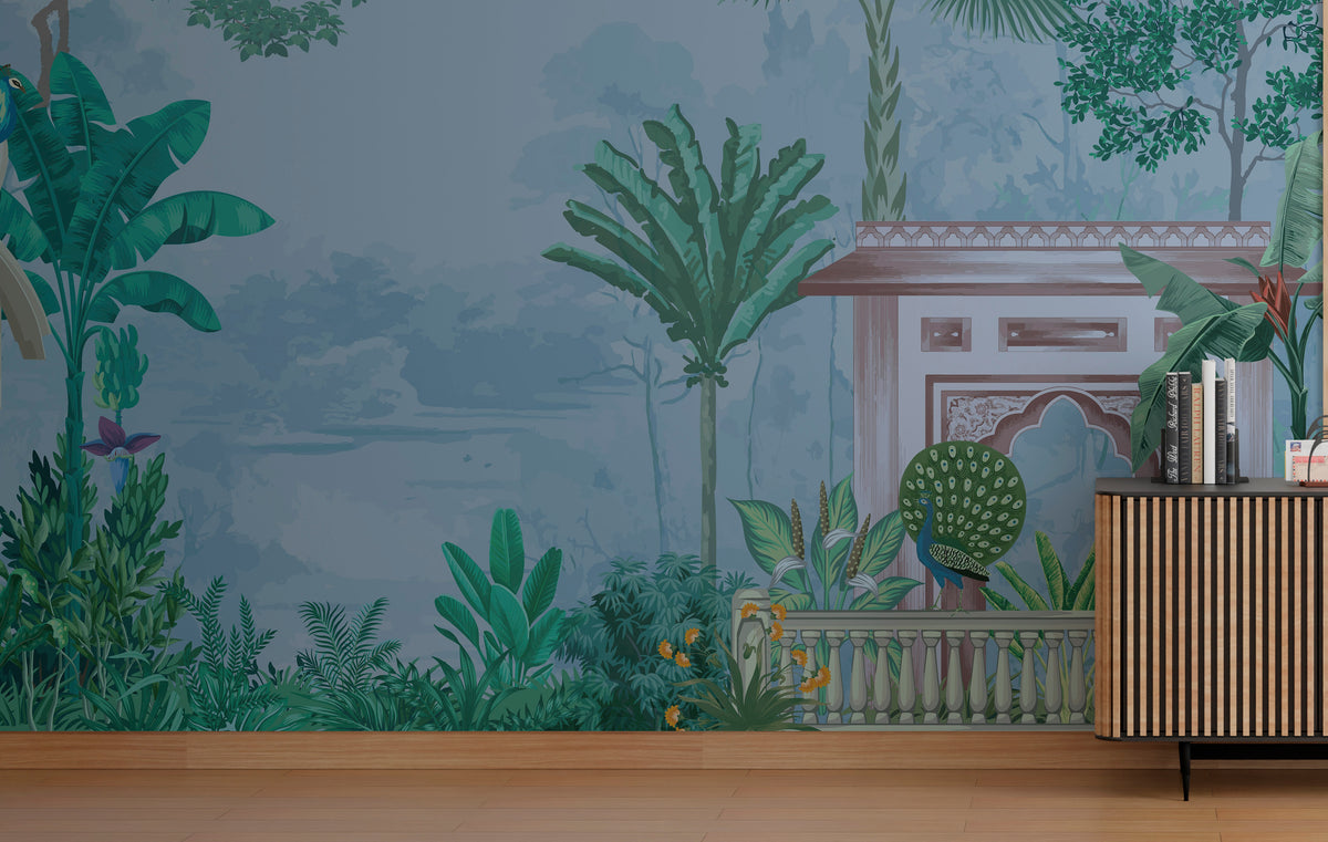Blue Green Tropical Peacock Wallpaper Nature Inspired Peel and Stick Wall Mural