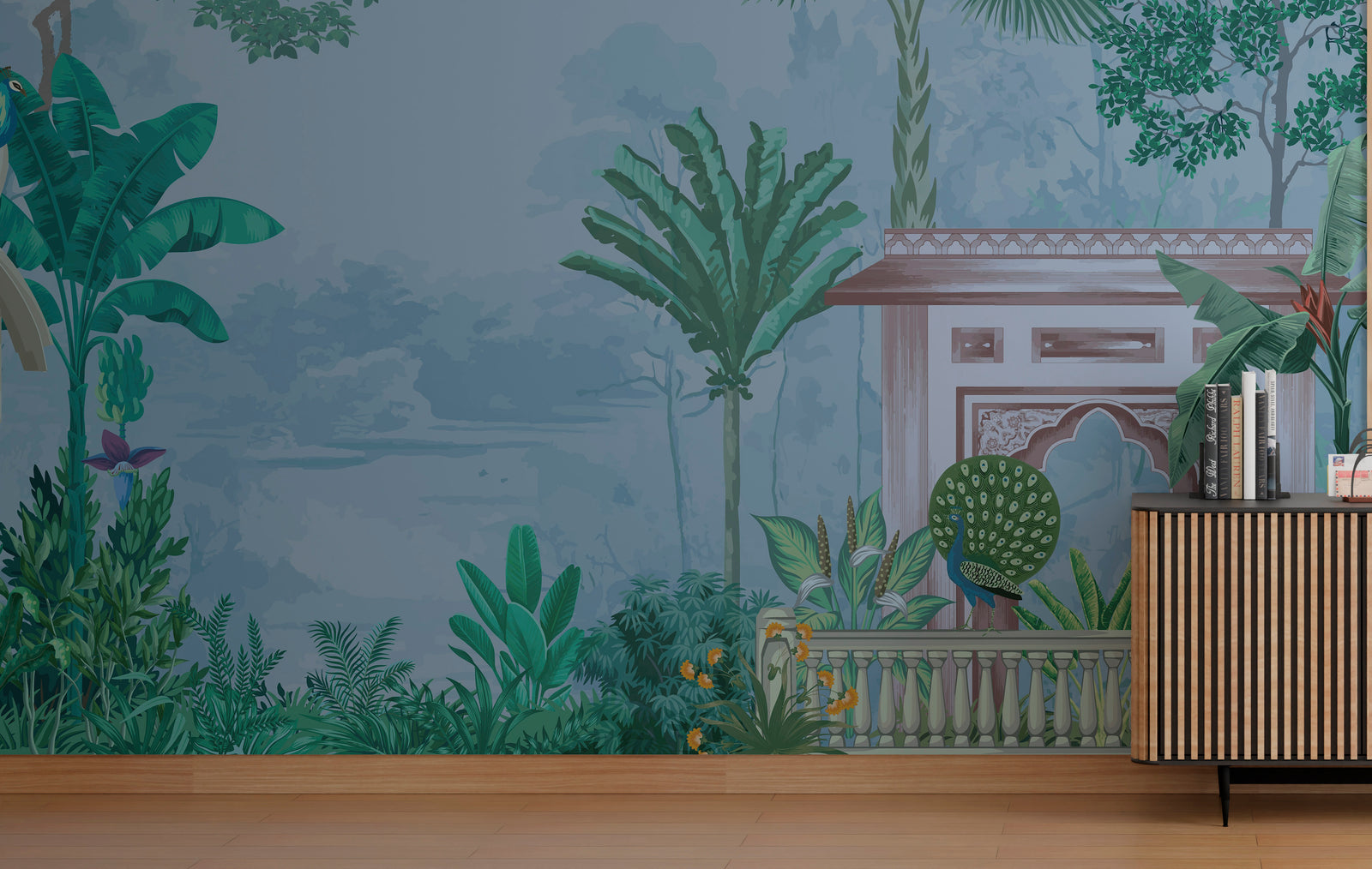 Calming botanical bird design in beige tones for peaceful meditation room wall decor