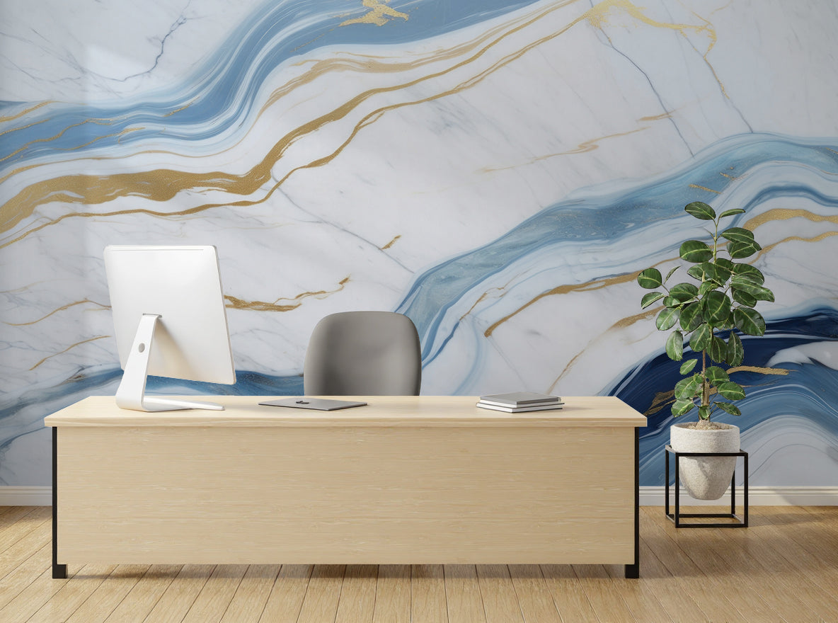 Abstract Blue Gold Marble Wall Decor| Modern Kitchen Removable Wallpaper