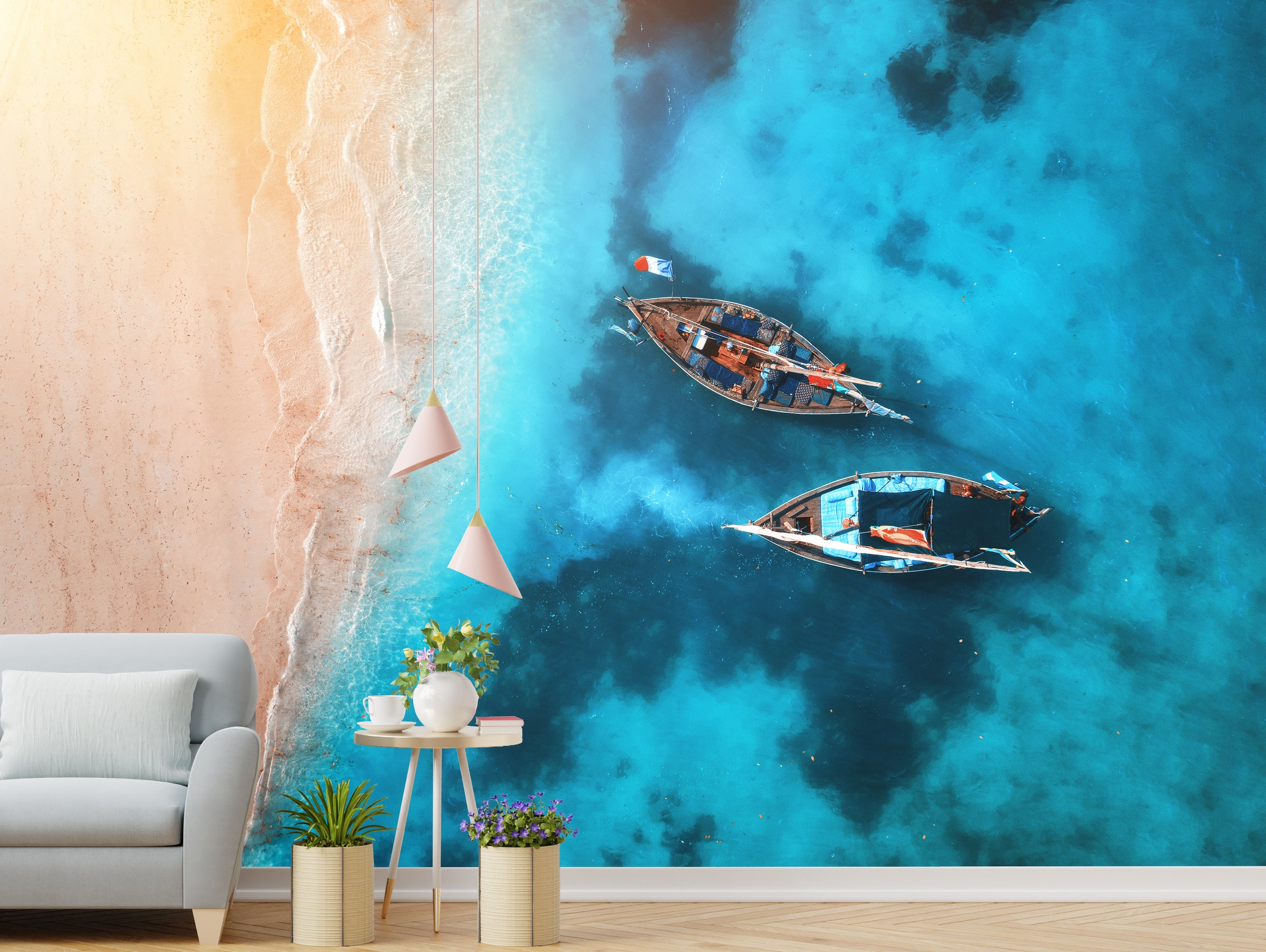 Aerial ocean boat wall mural highlighting modern living room with luxury seaside aesthetic