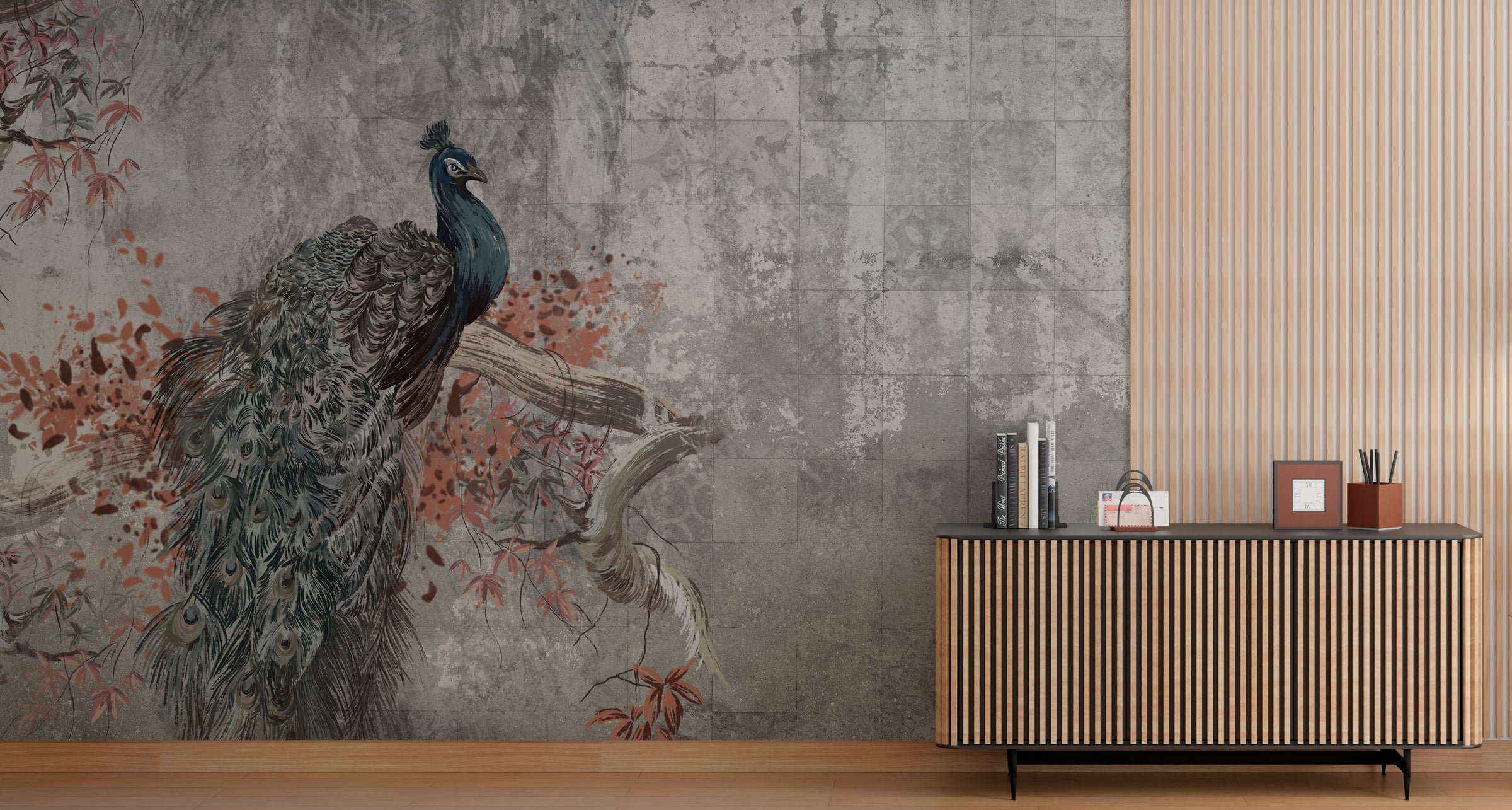 Peacock Concrete Wallpaper | Grey Vintage Peel and Stick Wall Mural