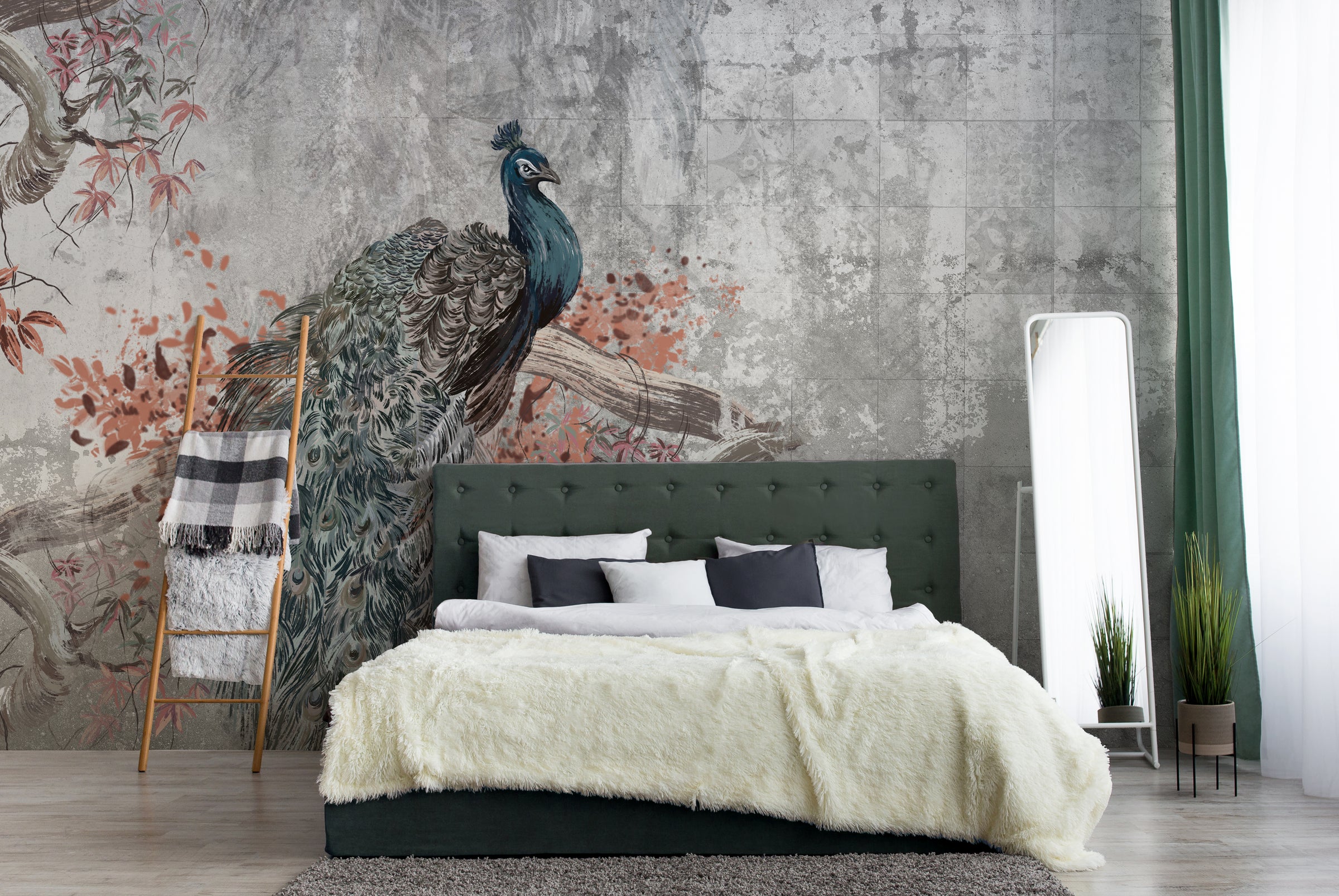 Peacock Concrete Wallpaper | Grey Vintage Peel and Stick Wall Mural