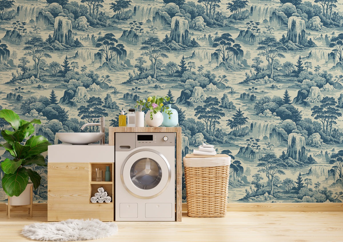 Monochromatic Landscape Wall Decor in Blue Toile Self Adhesive Wallpaper