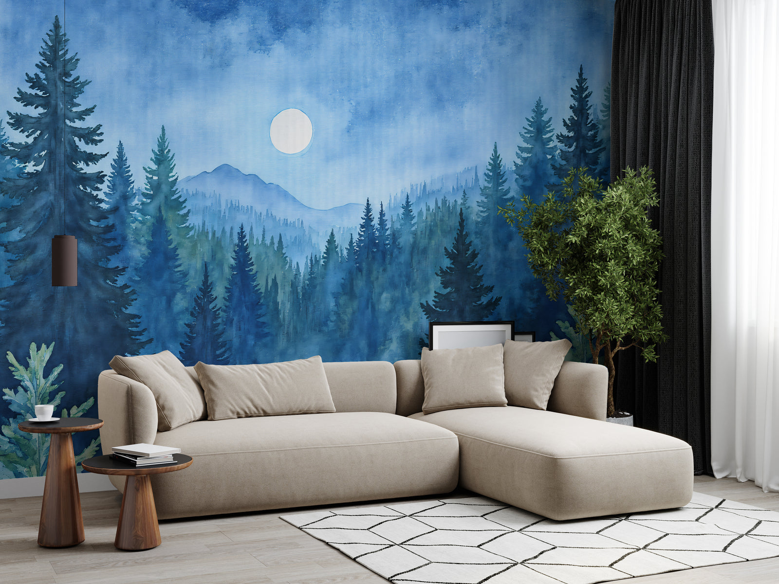 Stylish living room accent wall featuring blue mist pine forest mural design, perfect for modern interior decor
