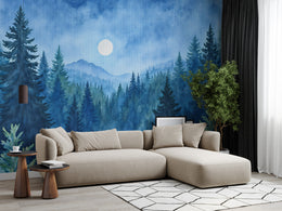 Stylish living room accent wall featuring blue mist pine forest mural design, perfect for modern interior decor