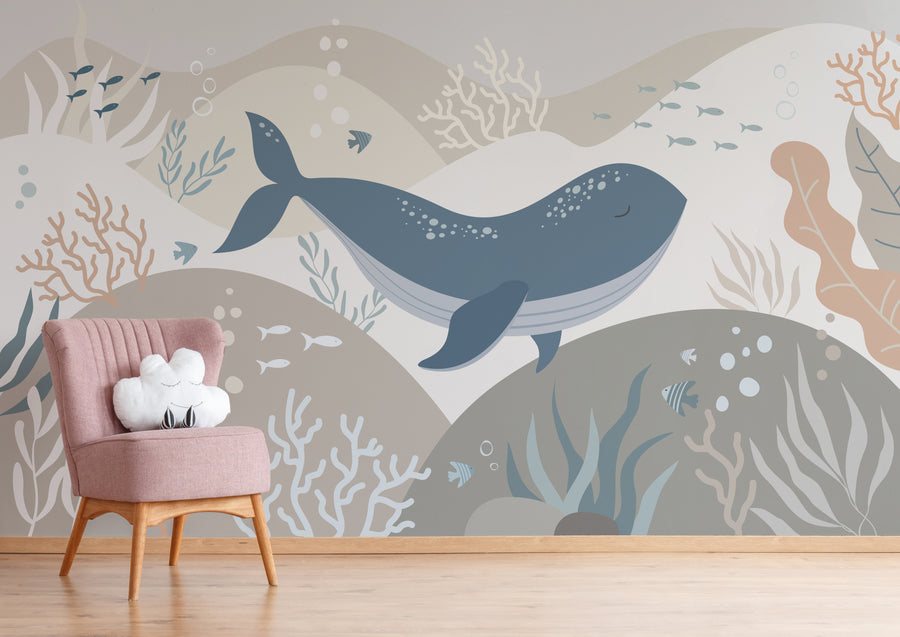 Blue Whale Wallpaper | Ocean Nursery Wall Decor | Kids Room Mural