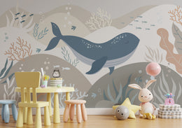 Whale ocean landscape wallpaper for kids playroom interior styling