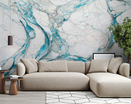 Blue marble abstract wall mural with flowing stone texture for modern living room decor