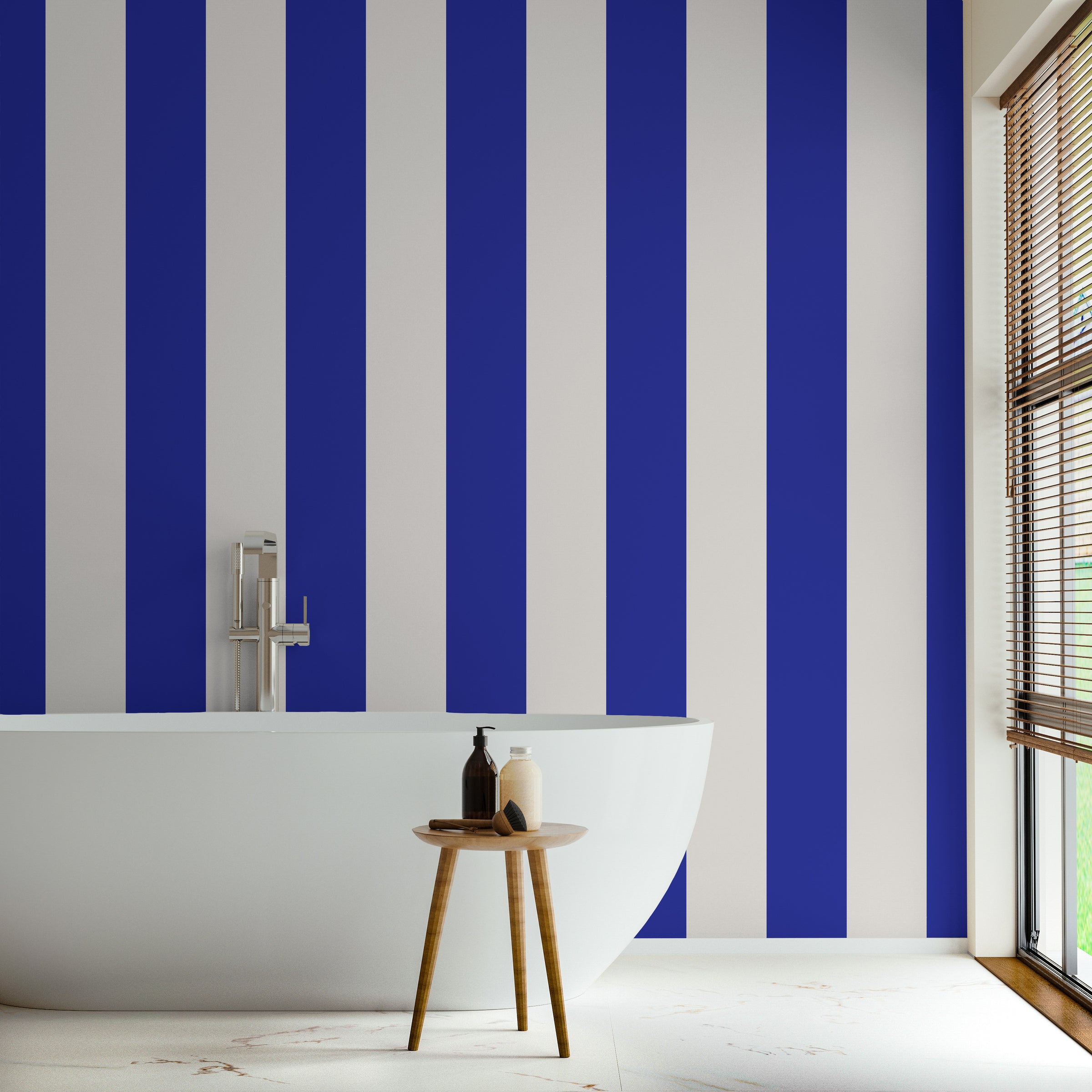 Decorative blue white striped wall design for bathroom bold geometric style
