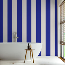 Decorative blue white striped wall design for bathroom bold geometric style