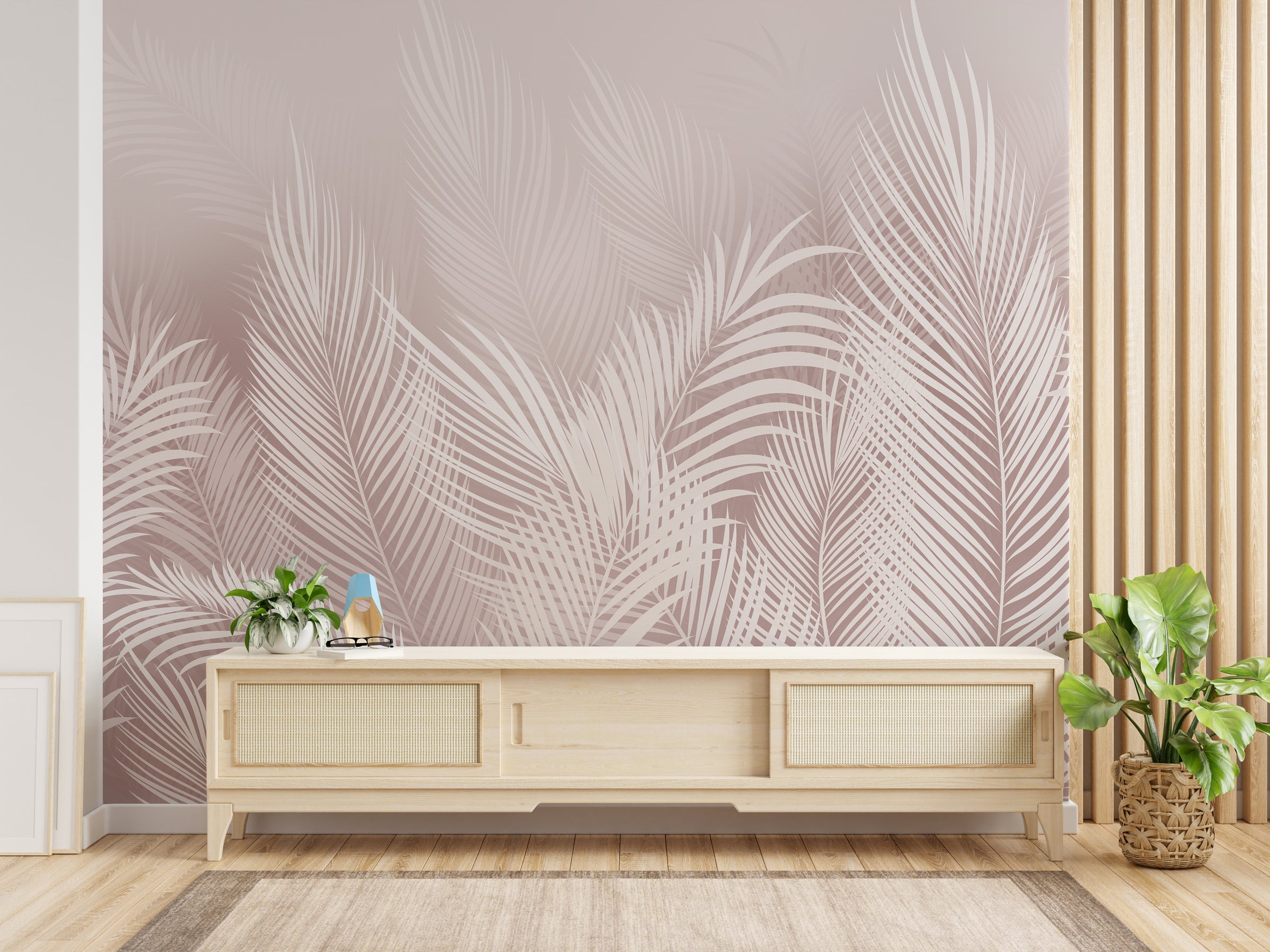 Elegant tropical blush wall design with fine leaf details for entryway styling