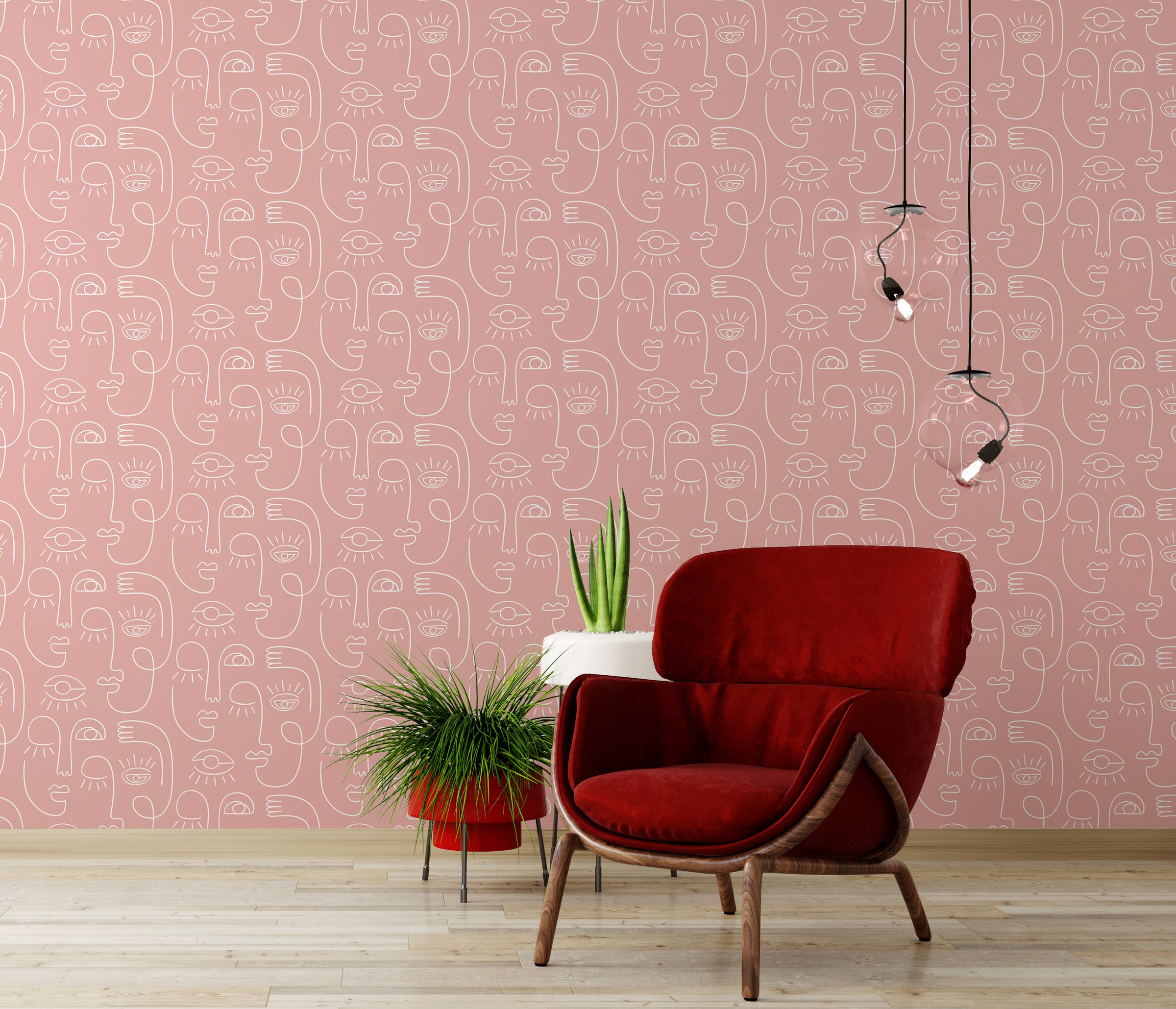 Modern living room interior featuring stylish abstract face line wallpaper mural adding texture, depth, and artistic character.