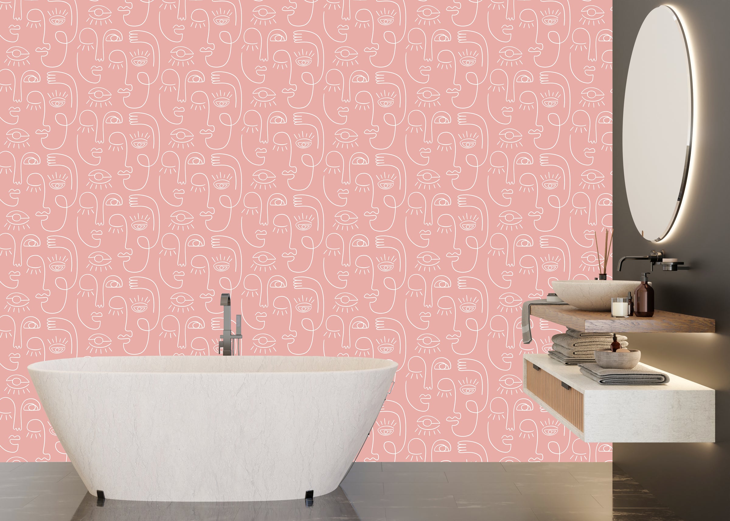Trendy apartment bathroom interior featuring sophisticated line art portrait wallpaper design elevating everyday space with artistic appeal.