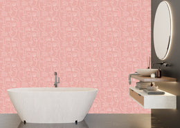 Trendy apartment bathroom interior featuring sophisticated line art portrait wallpaper design elevating everyday space with artistic appeal.