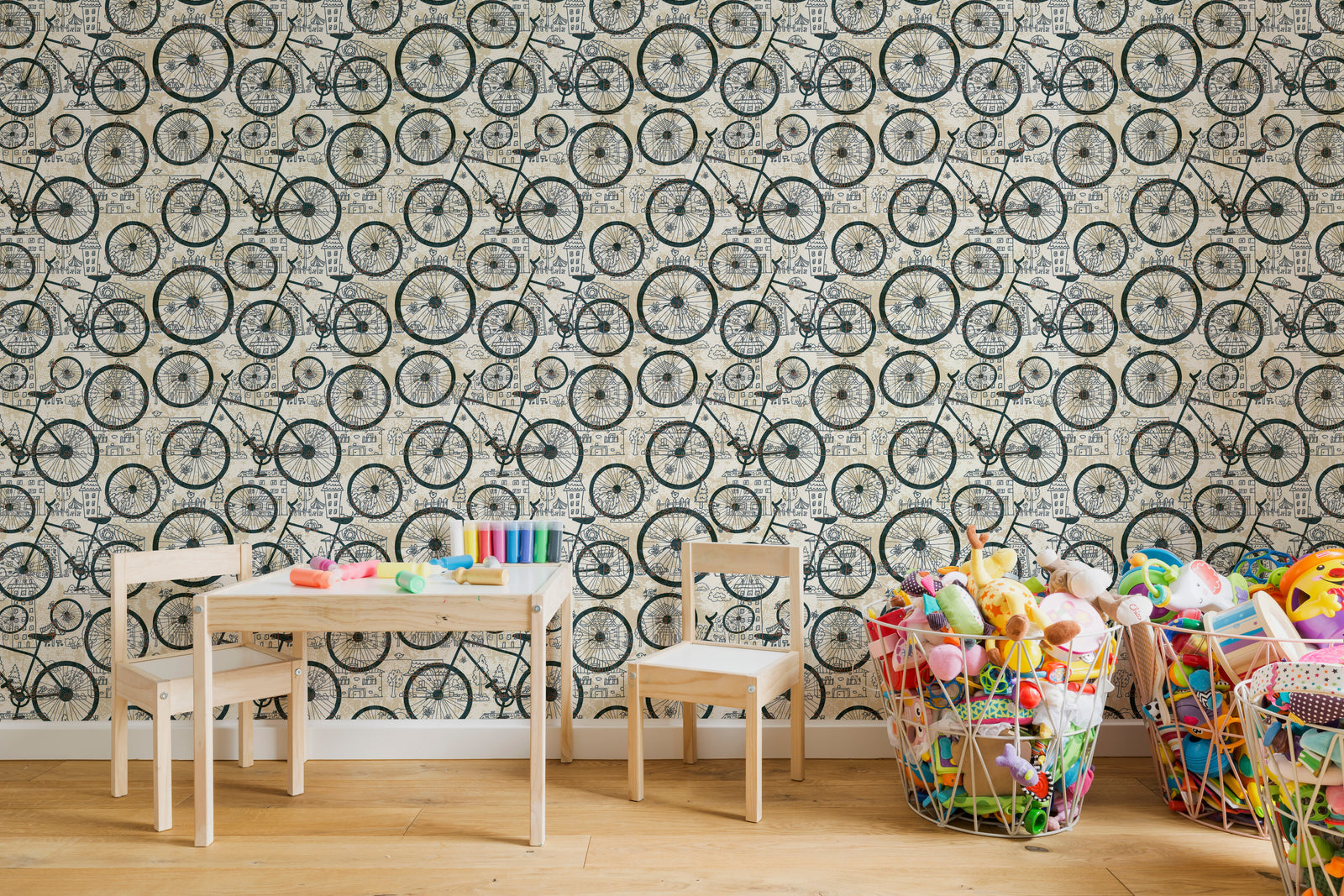 Retro cycle wallpaper featuring detailed wheel illustrations in beige for modern nursery wall design