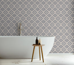 Elegant Moroccan lattice inspired wall decor in blue grey shades for bathroom interior