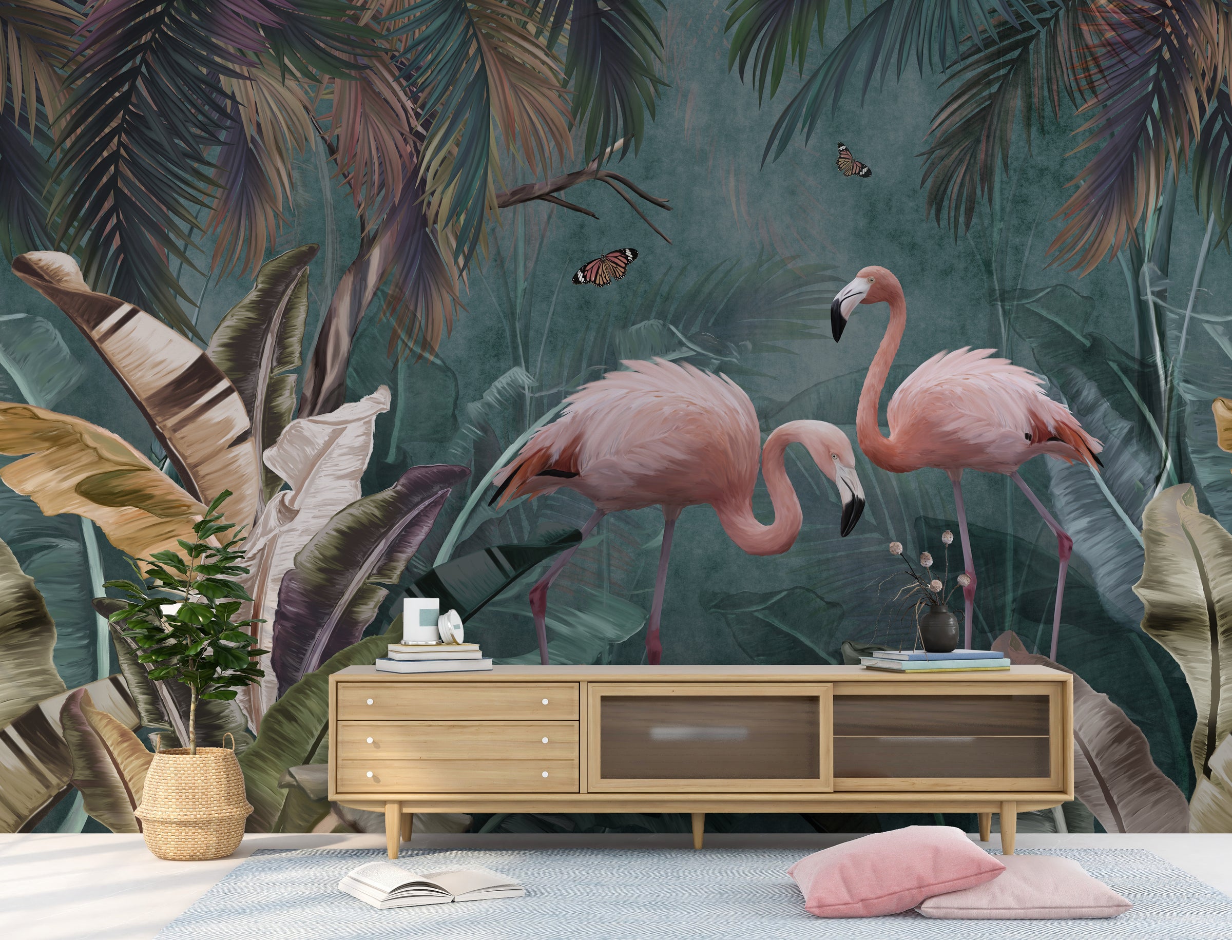 Pink Flamingo Tropical Peel and Stick Wallpaper | Teal Green Jungle Wallpaper