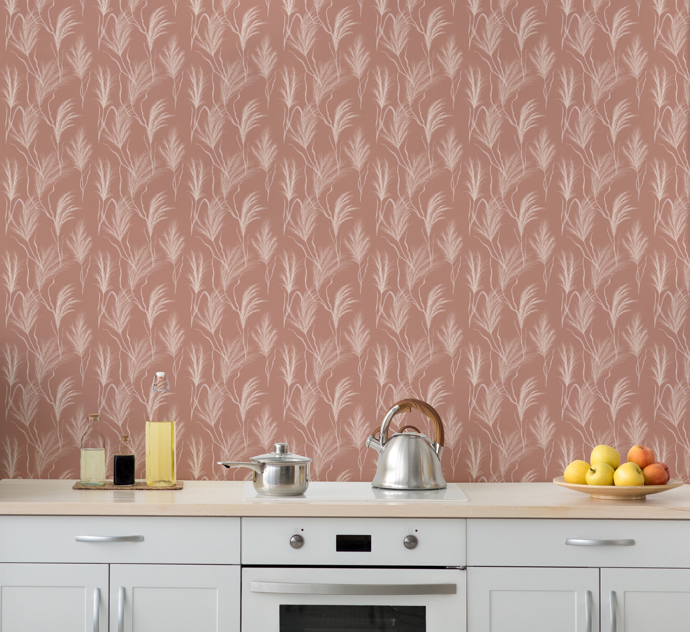 Boho Feather Grass Pink Peel and Stick Wallpaper