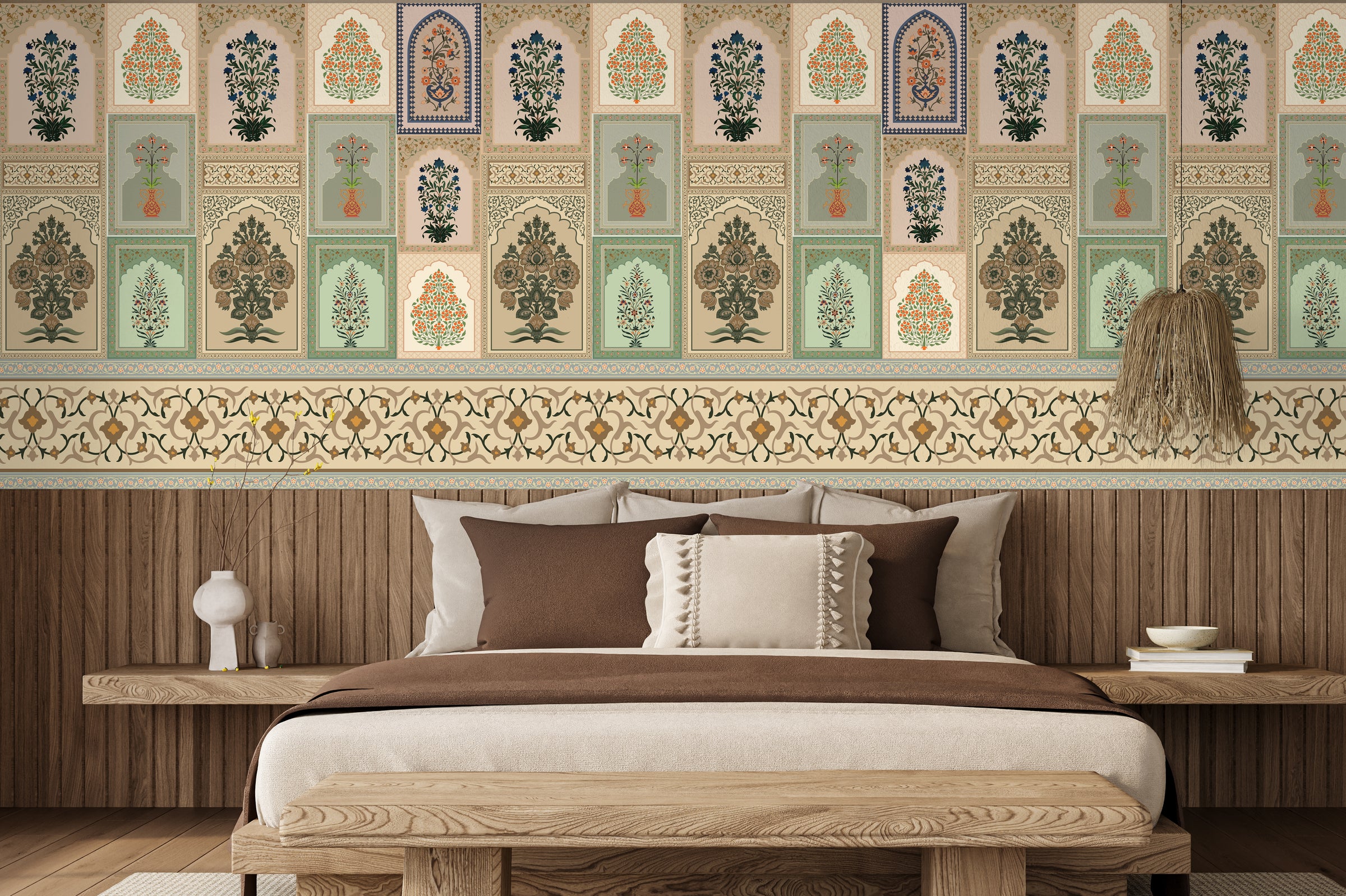 Vintage arch wallpaper with intricate botanical panels in beige green bedroom decor