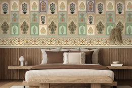 Vintage arch wallpaper with intricate botanical panels in beige green bedroom decor
