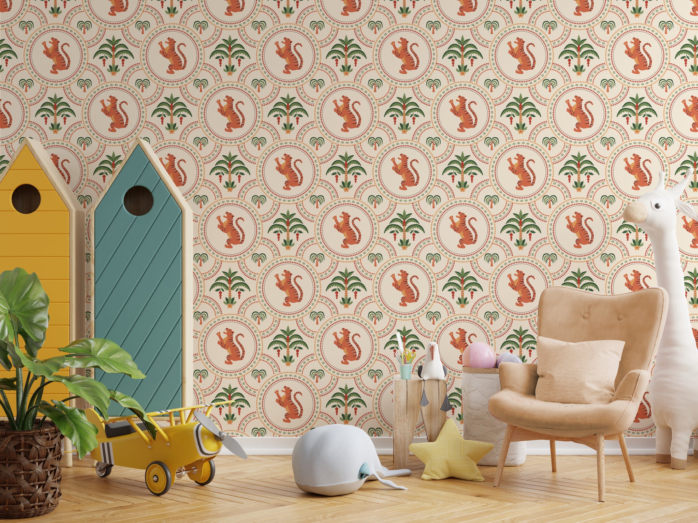 Tiger Jungle Peel and Stick Wallpaper | Terracotta And Green Safari Art | Vintage Style | Kids Room