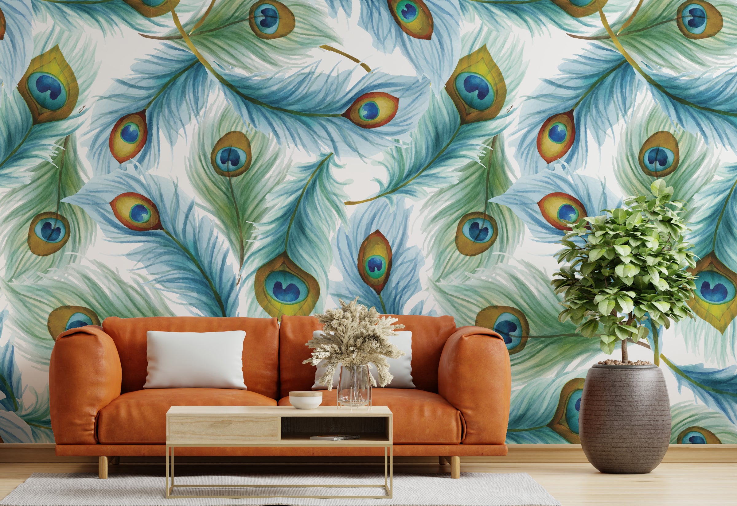 Blue green peacock feather wallpaper adding luxury vibe to modern living room
