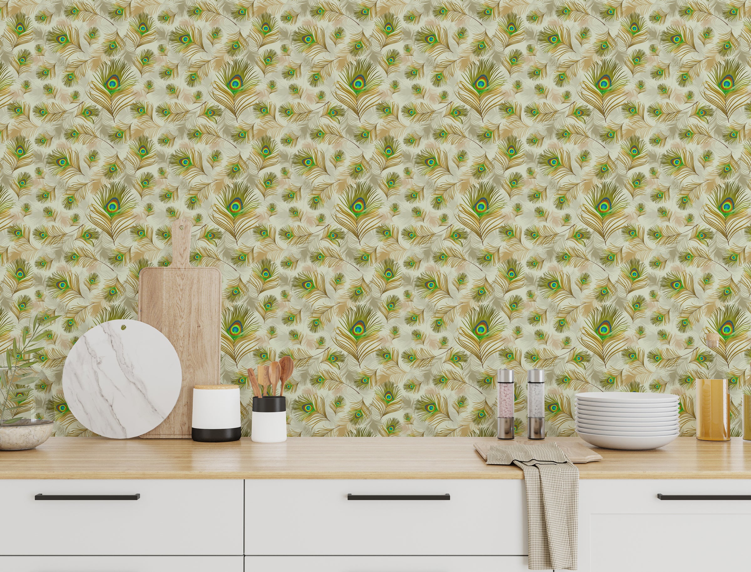 Decorative feather pattern wallpaper in green and gold upgrades modern kitchen interior appeal