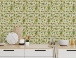 Decorative feather pattern wallpaper in green and gold upgrades modern kitchen interior appeal