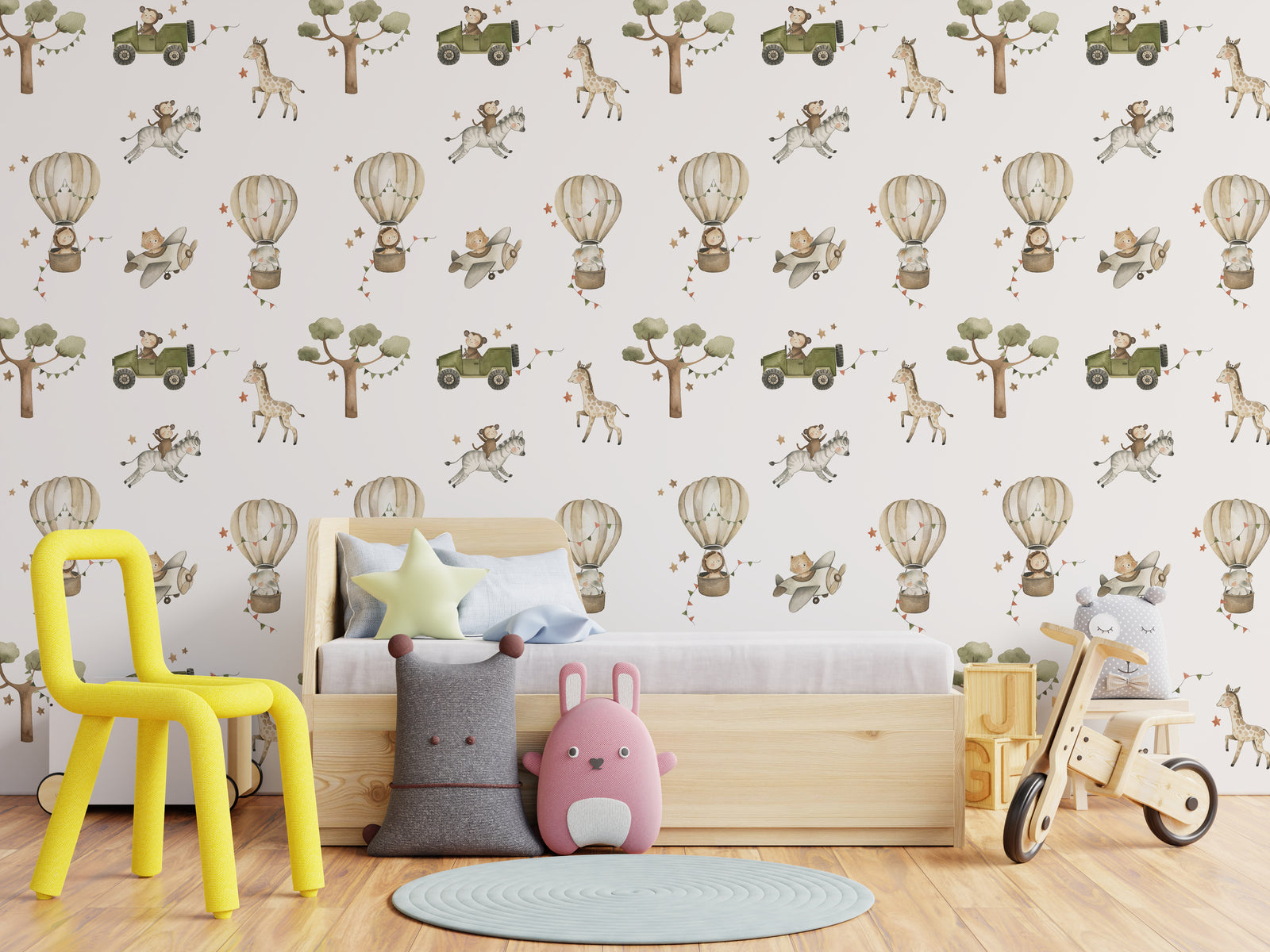 Stylish nursery wall wallpaper featuring watercolor safari animals in soft beige tones