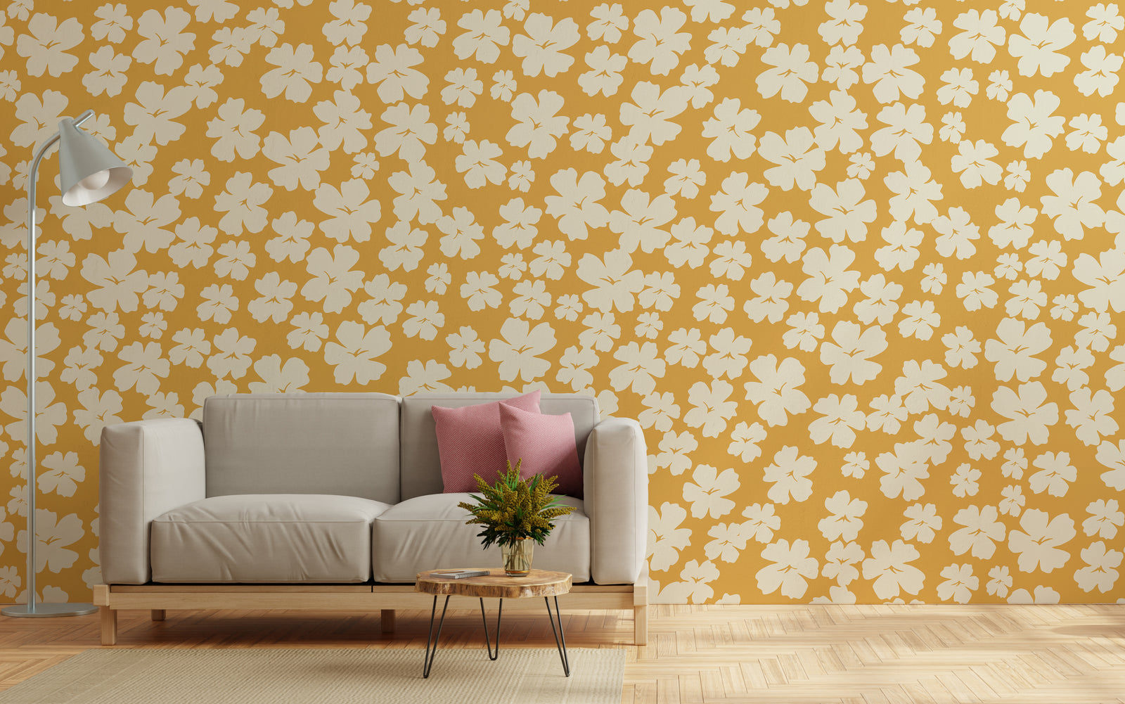 White Flower Wall Decor | Mustard Yellow Bloom Peel and Stick Wallpaper