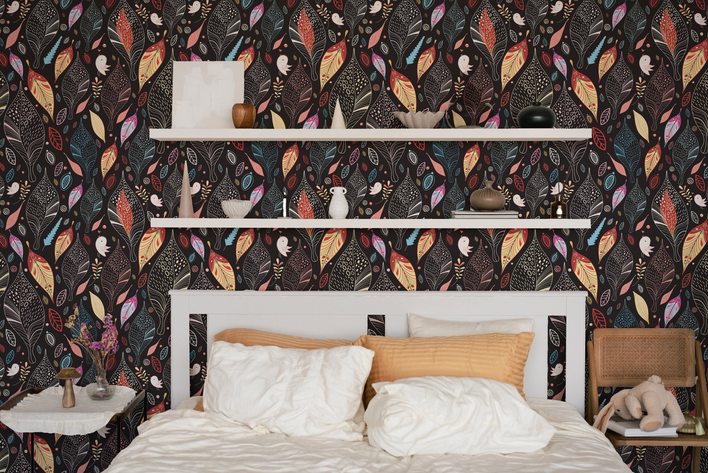 Colorful Leaf Pattern | Modern Botanical Peel and Stick Wallpaper