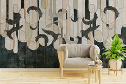 Abstract botanical wallpaper with gold line art, black leaves, neutral tones for modern living room