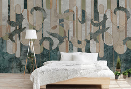 Modern geometric wallpaper featuring textured teal and beige tones for stylish bedroom walls