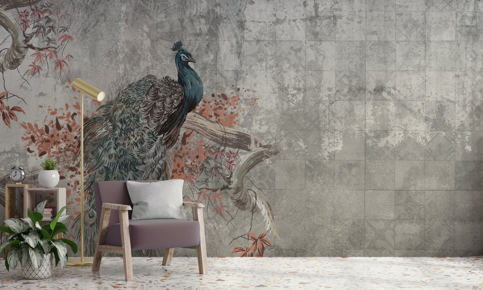 Peacock Concrete Wallpaper | Grey Vintage Peel and Stick Wall Mural