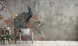 Peacock Concrete Wallpaper | Grey Vintage Peel and Stick Wall Mural