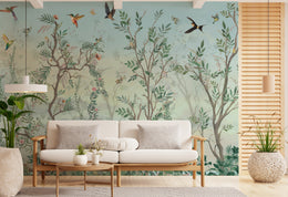 Elegant botanical tree landscape mural with birds flying across peaceful pastel nature background for home decor
