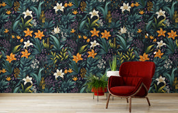 Modern dark floral design with lush leaves ideal for stylish dining area accent walls