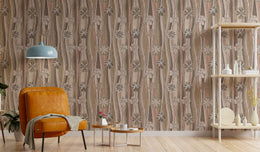 Retro floral wallpaper with beige wood texture enhances modern living room decor elegance
