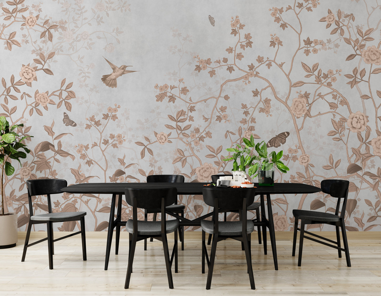 Elegant floral bird wallpaper in beige tones for sophisticated dining room wall decor