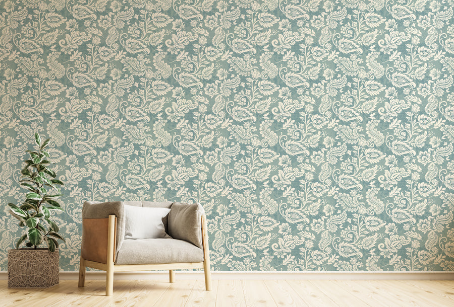 Vintage Teal Floral Living Room Peel and Stick Wallpaper
