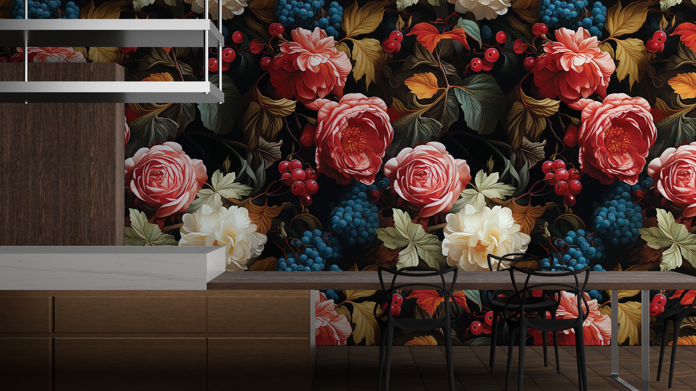 Artistic botanical wallpaper with painterly garden details for modern kitchen feature wall